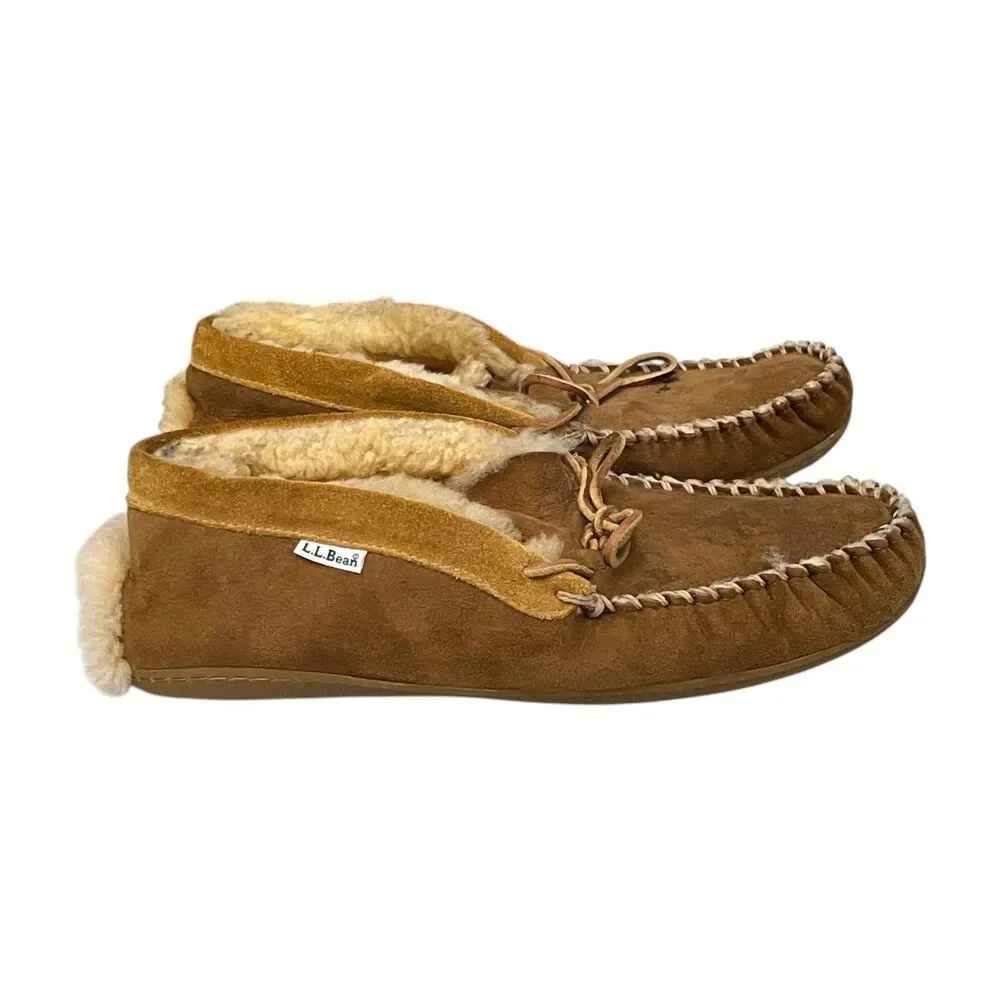 L.L.Bean Wicked Good Moccasins Mens 12 Brown Suede Shearling Slippers